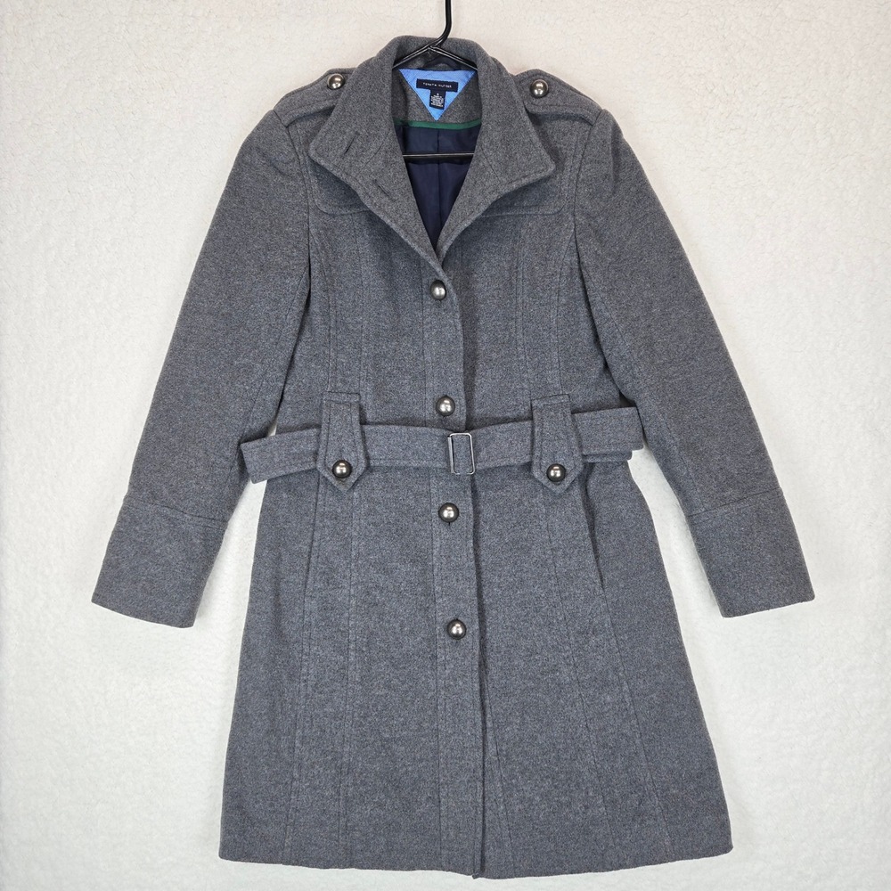 Tommy Hilfiger Women Military Wool Blend Belted Coat Graphite Gray Size 6